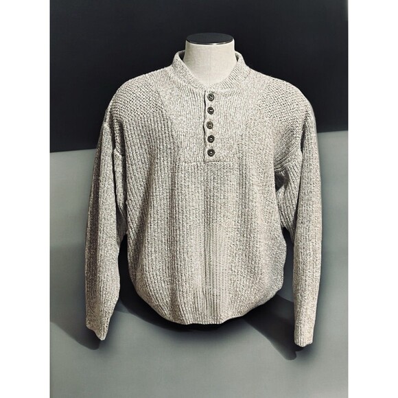 Vintage Eddie Bauer Heavy Knit Fishing Sweater 1/4 Button Beige Men’s Medium - Picture 1 of 11